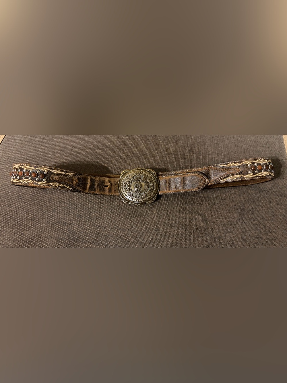 Western Floral Engraved Belt Buckle with Brown Leather Belt
